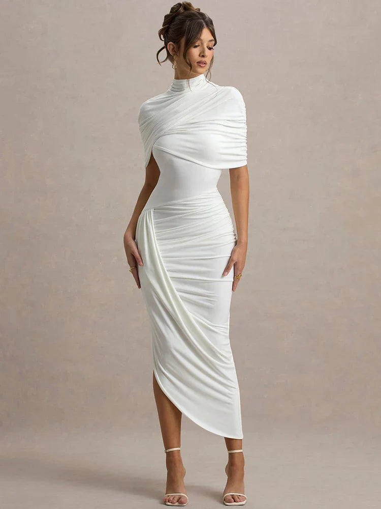 Half Sleeve Backless Ruched Sexy Maxi Dress