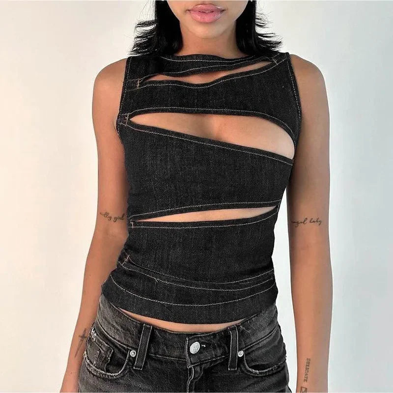 Sleeveless Denim Round Neck Top