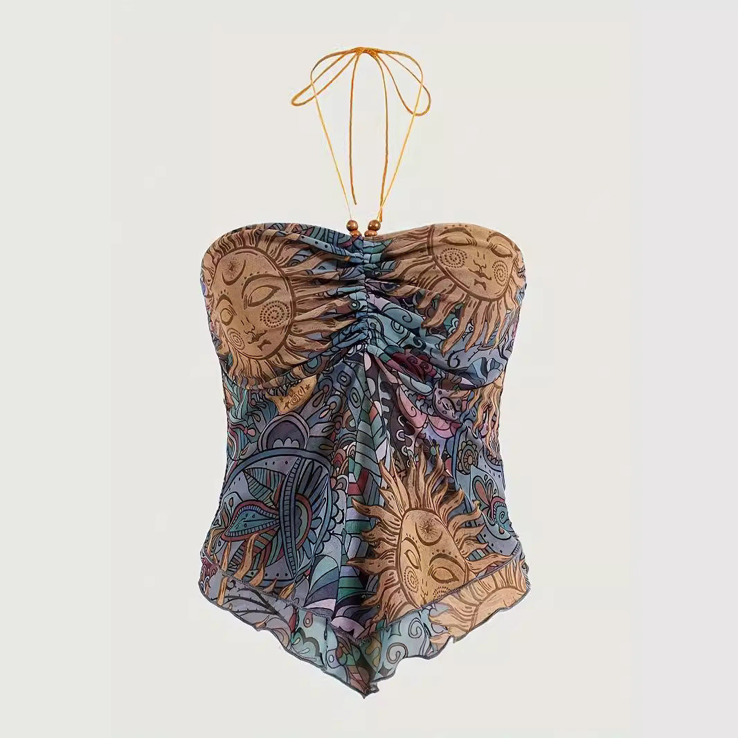 Y2g Mesh Printed Irregular Vest Top