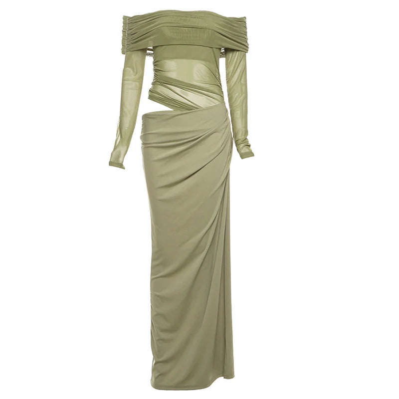 Green Off-Shoulder Mesh Fishtail Dress