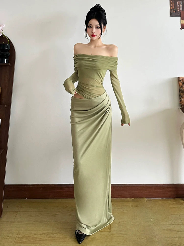 Green Off-Shoulder Mesh Fishtail Dress