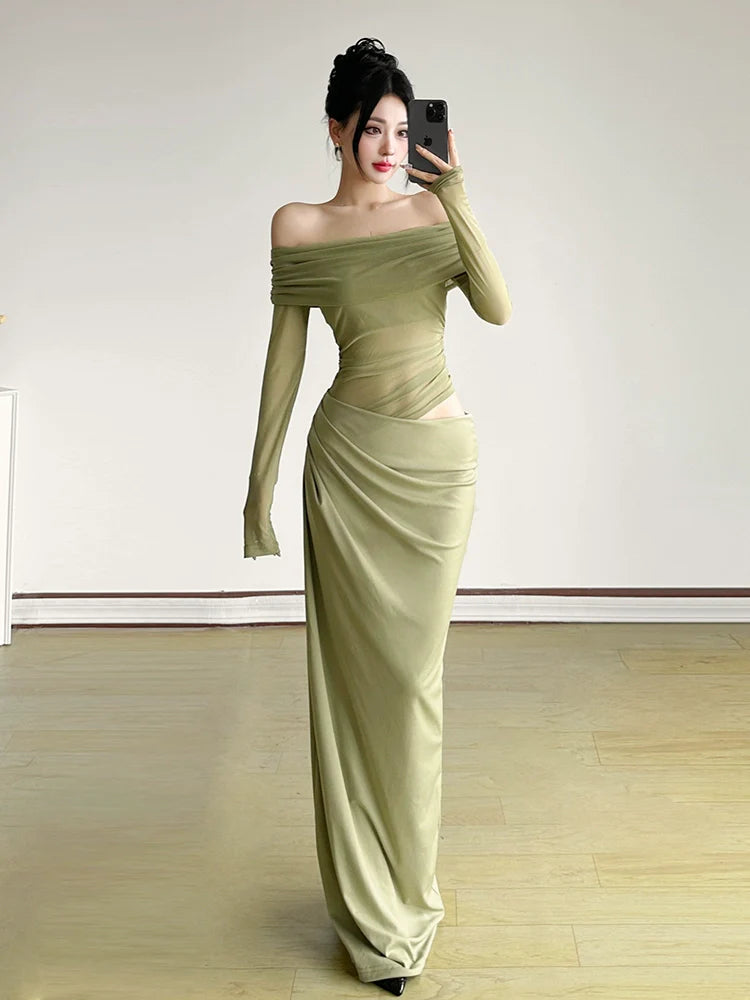 Green Off-Shoulder Mesh Fishtail Dress