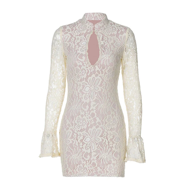 Lace Hollow Out Long Sleeve Sexy Mini Dress