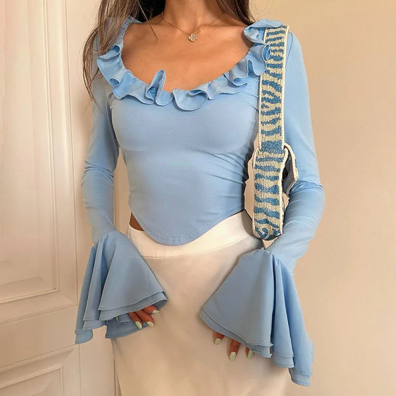 Elegant Frill Ruffle Detail Flare Sleeve Top