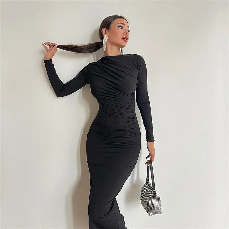 WMC Autumn Elegant Ruched Long Dress