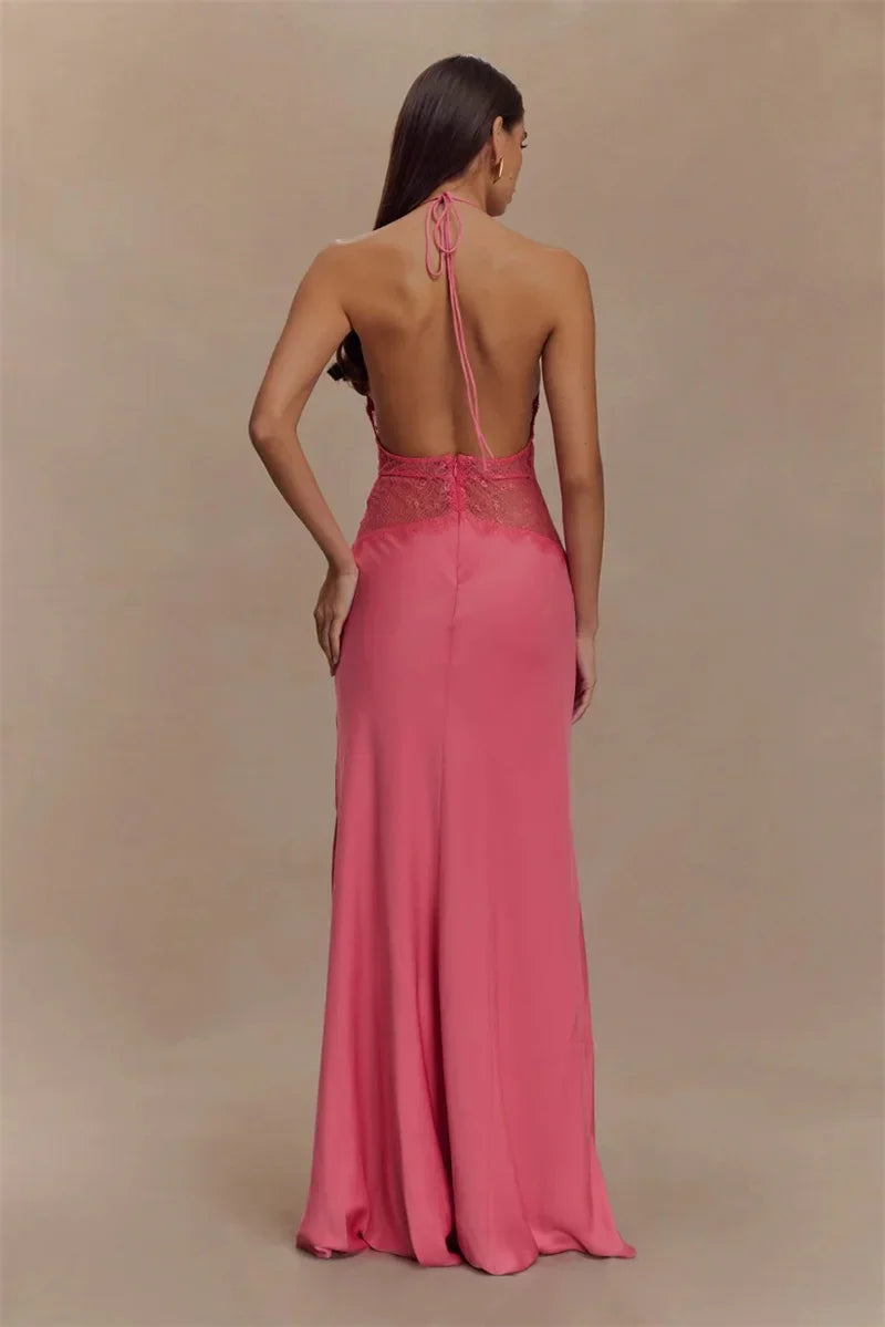 Lace Halter Backless Maxi Dress