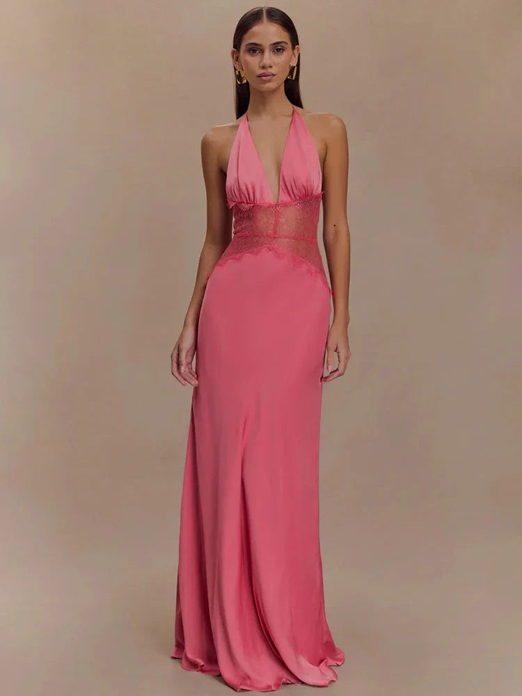 Lace Halter Backless Maxi Dress