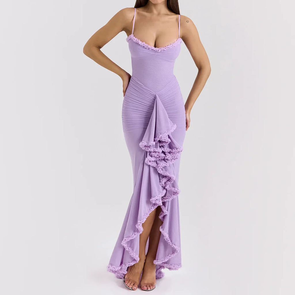 Elegant Sheer Mesh Ruffled Gown