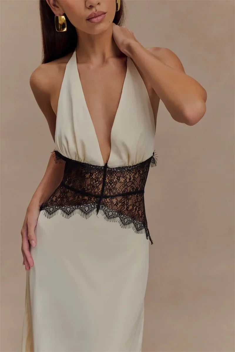 Lace Halter Backless Maxi Dress