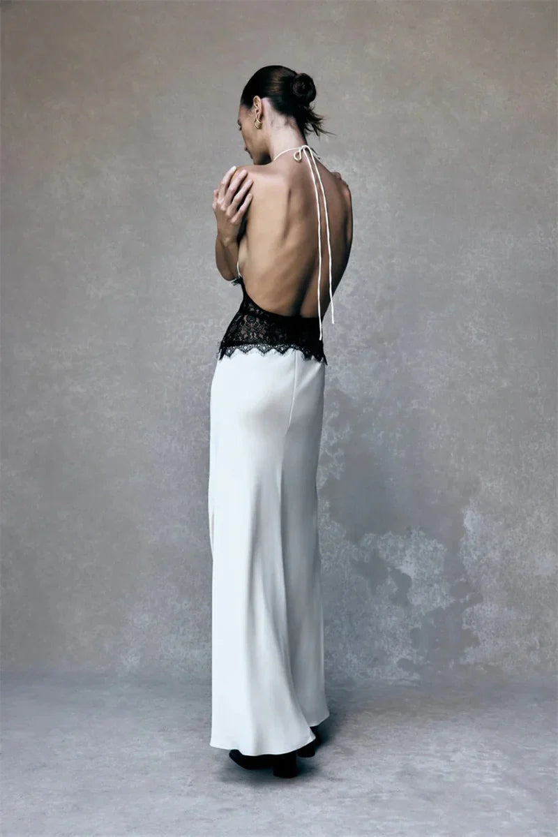 Lace Halter Backless Maxi Dress