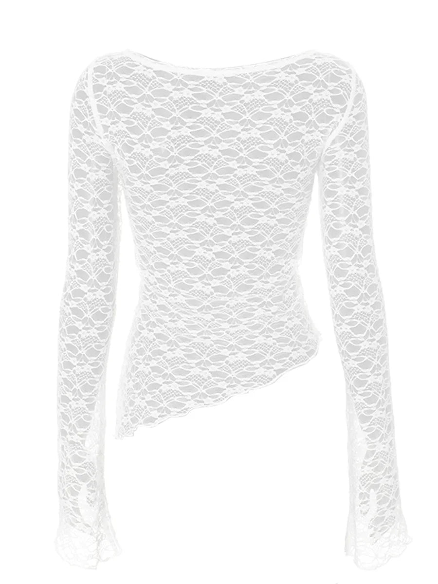 Sexy Lace Long Sleeve Perspective Y2K Top