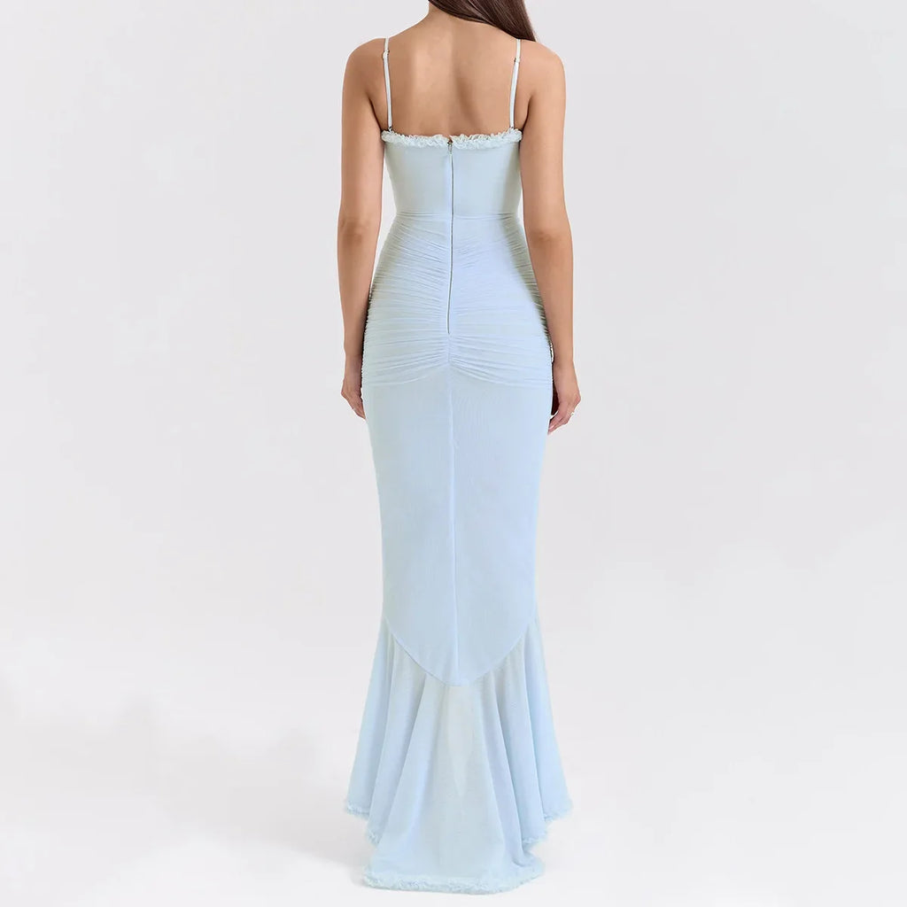 Elegant Sheer Mesh Ruffled Gown