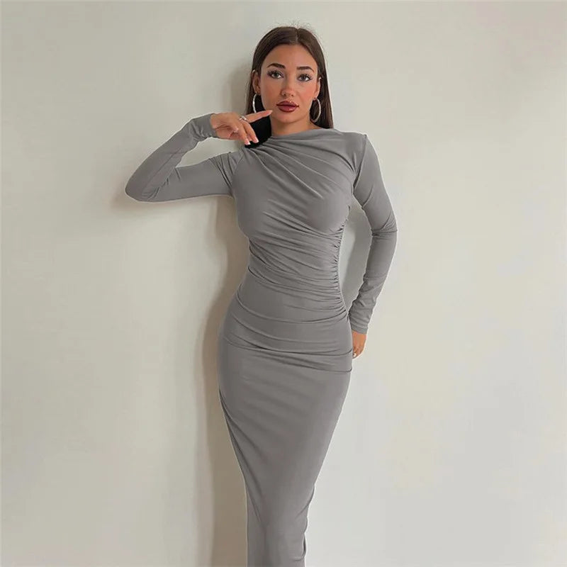 WMC Autumn Elegant Ruched Long Dress