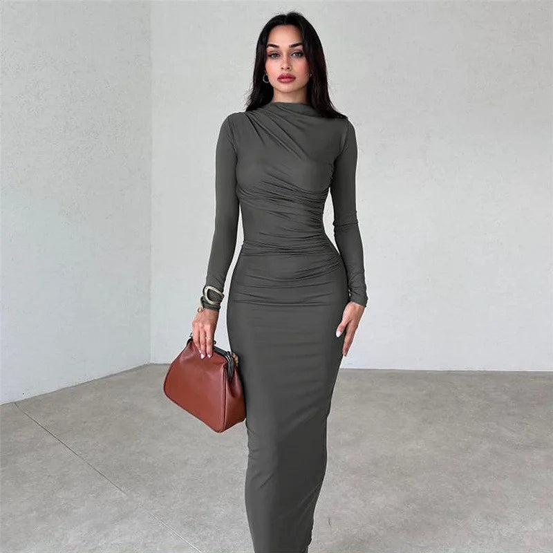 WMC Autumn Elegant Ruched Long Dress