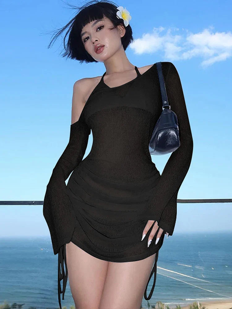 Ruched Lace-Up Mini Club Dress