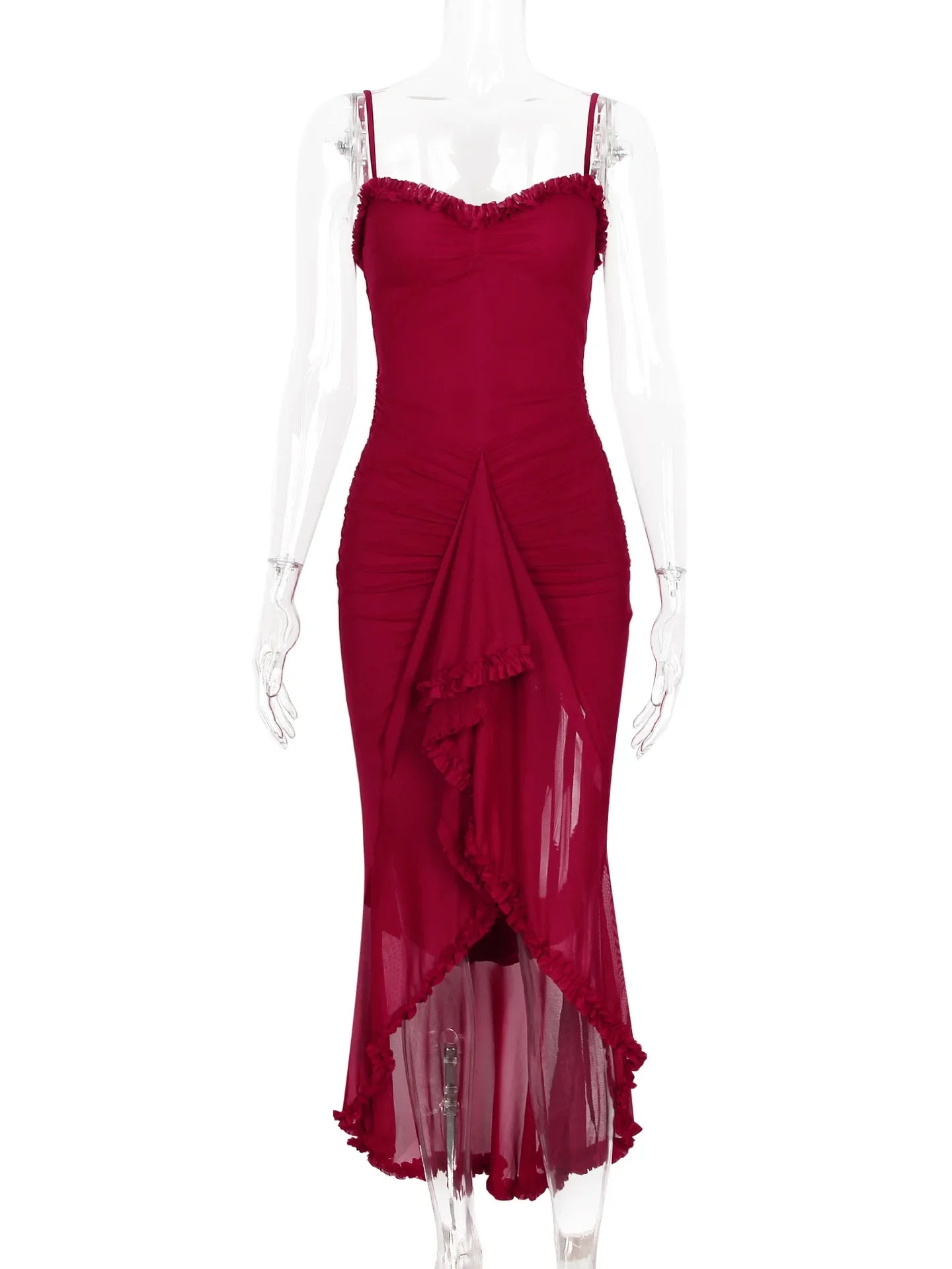 Elegant Sheer Mesh Ruffled Gown