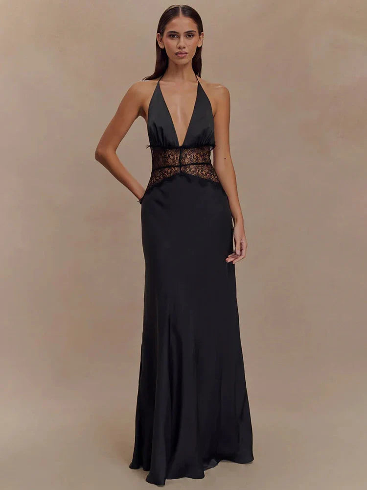 Lace Halter Backless Maxi Dress