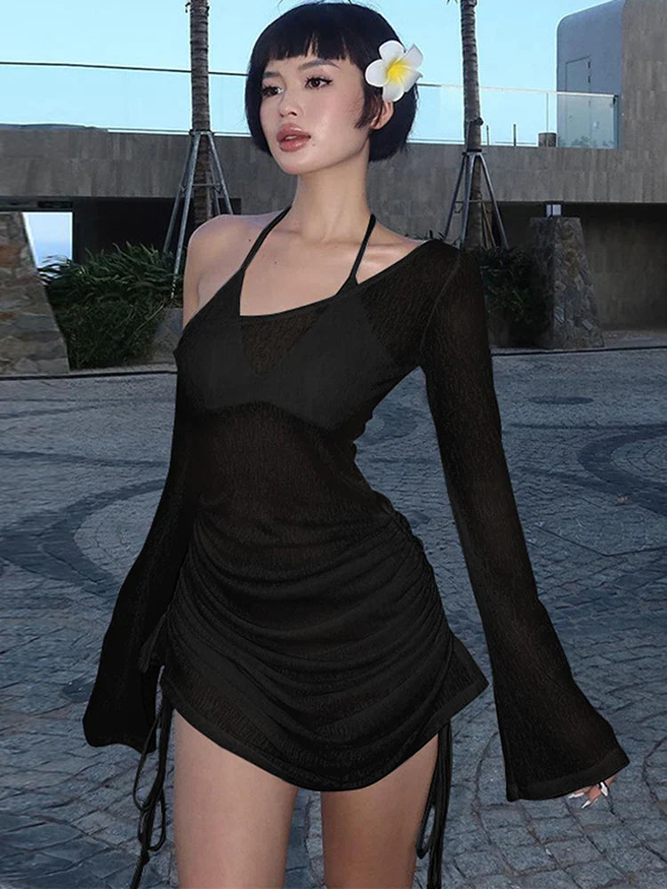 Ruched Lace-Up Mini Club Dress