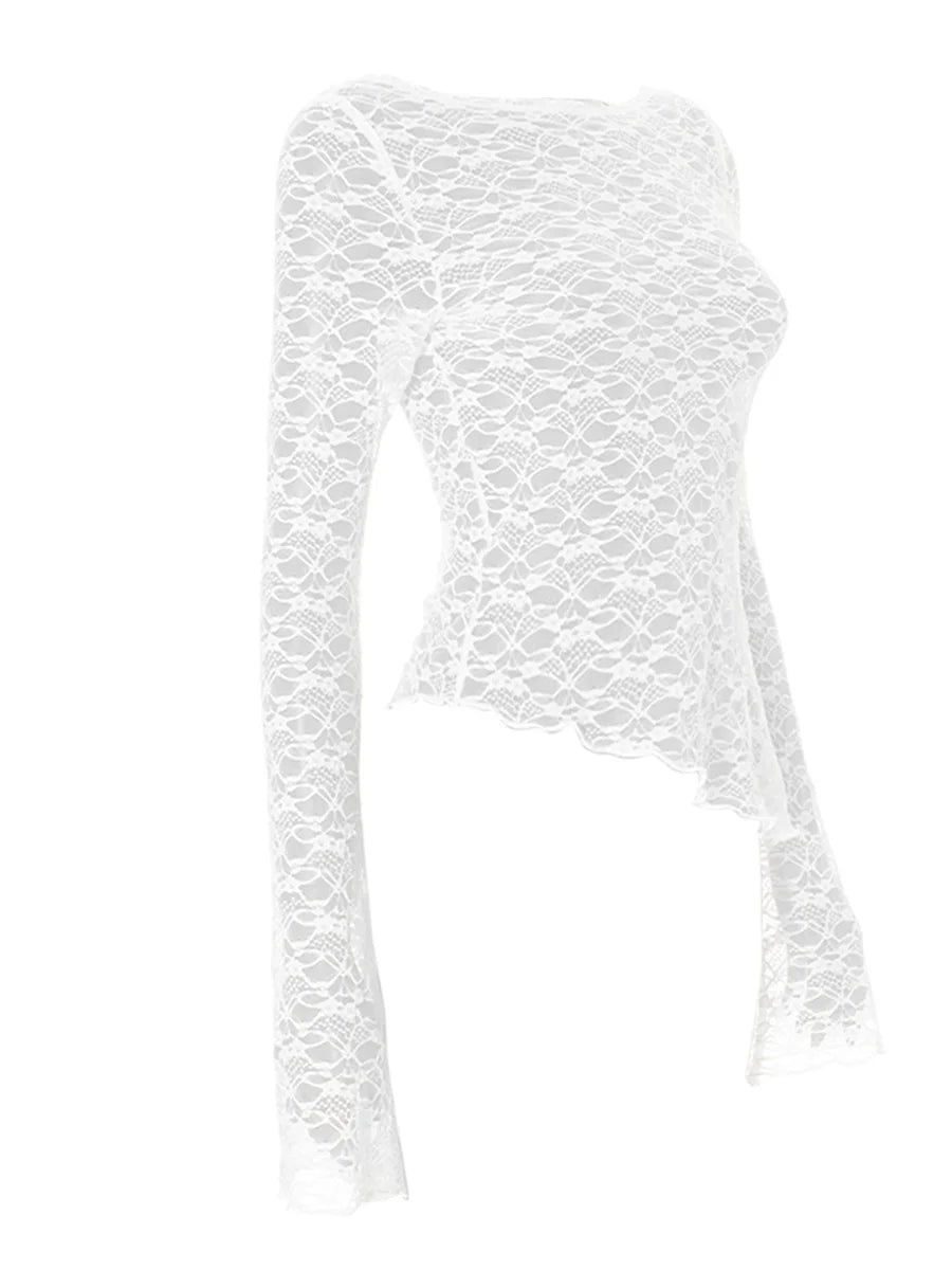 Sexy Lace Long Sleeve Perspective Y2K Top