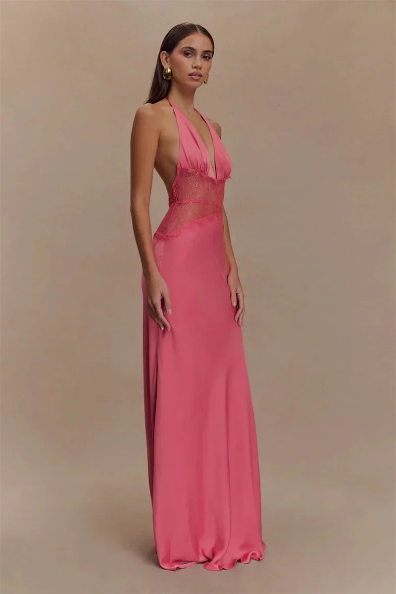 Lace Halter Backless Maxi Dress