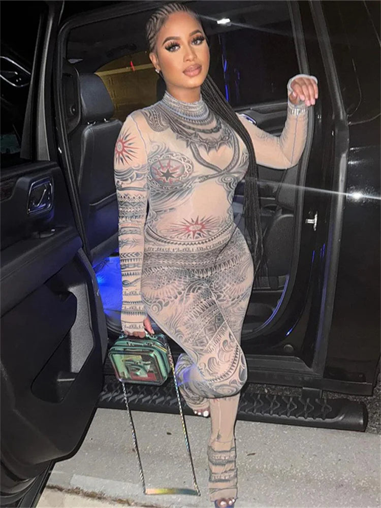 Vintage Printed Long Sleeve Mesh Jumpsuit
