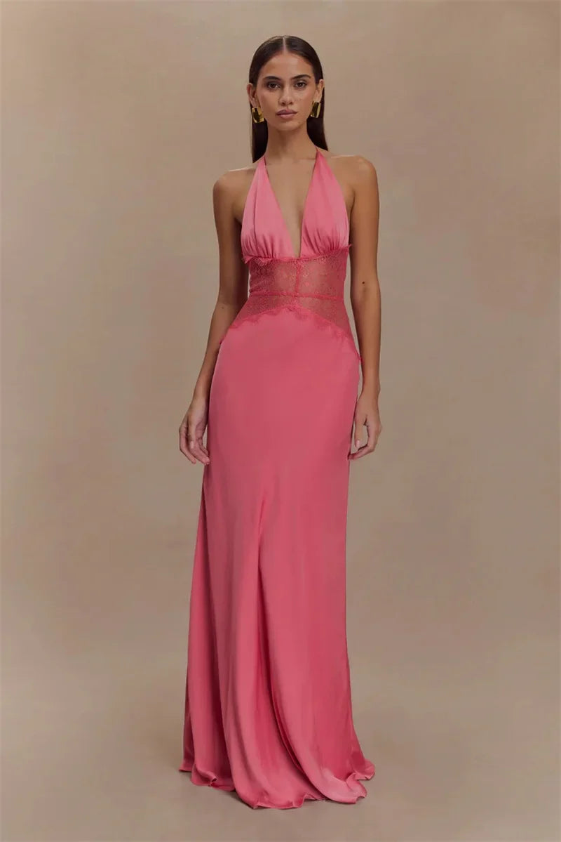 Lace Halter Backless Maxi Dress