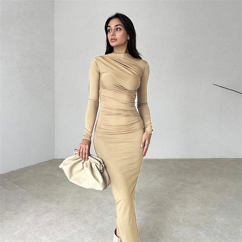 WMC Autumn Elegant Ruched Long Dress