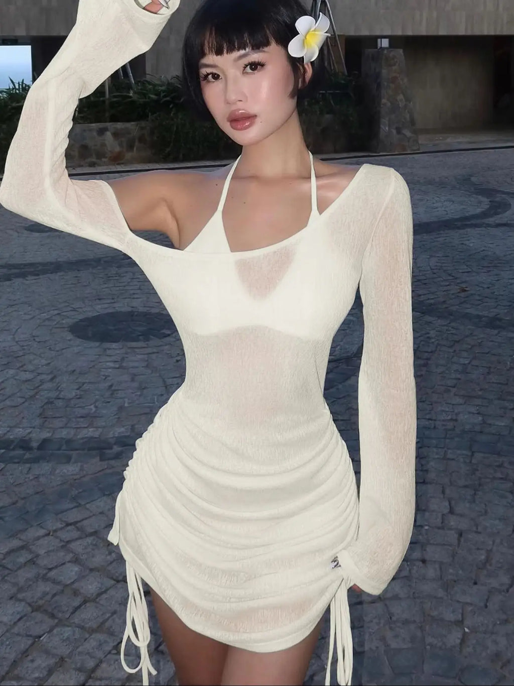Ruched Lace-Up Mini Club Dress