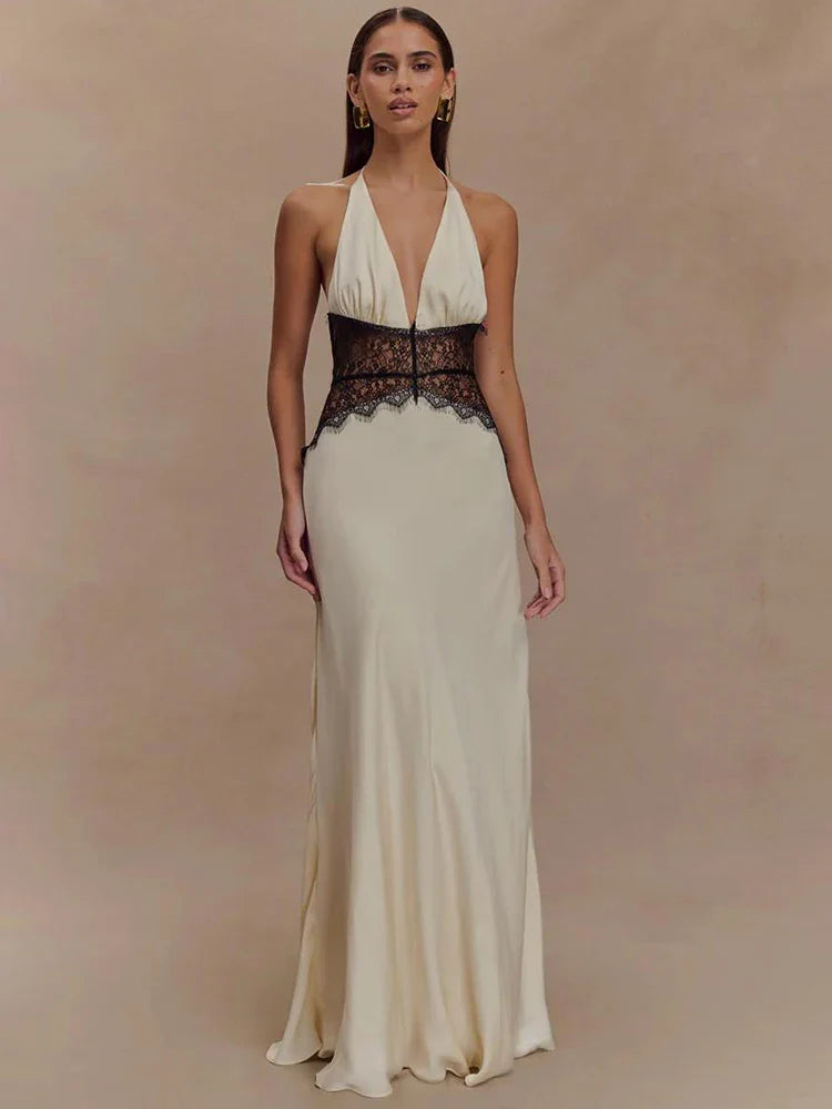 Lace Halter Backless Maxi Dress