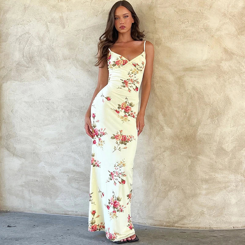 Floral Backless Bodycon Maxi Dress