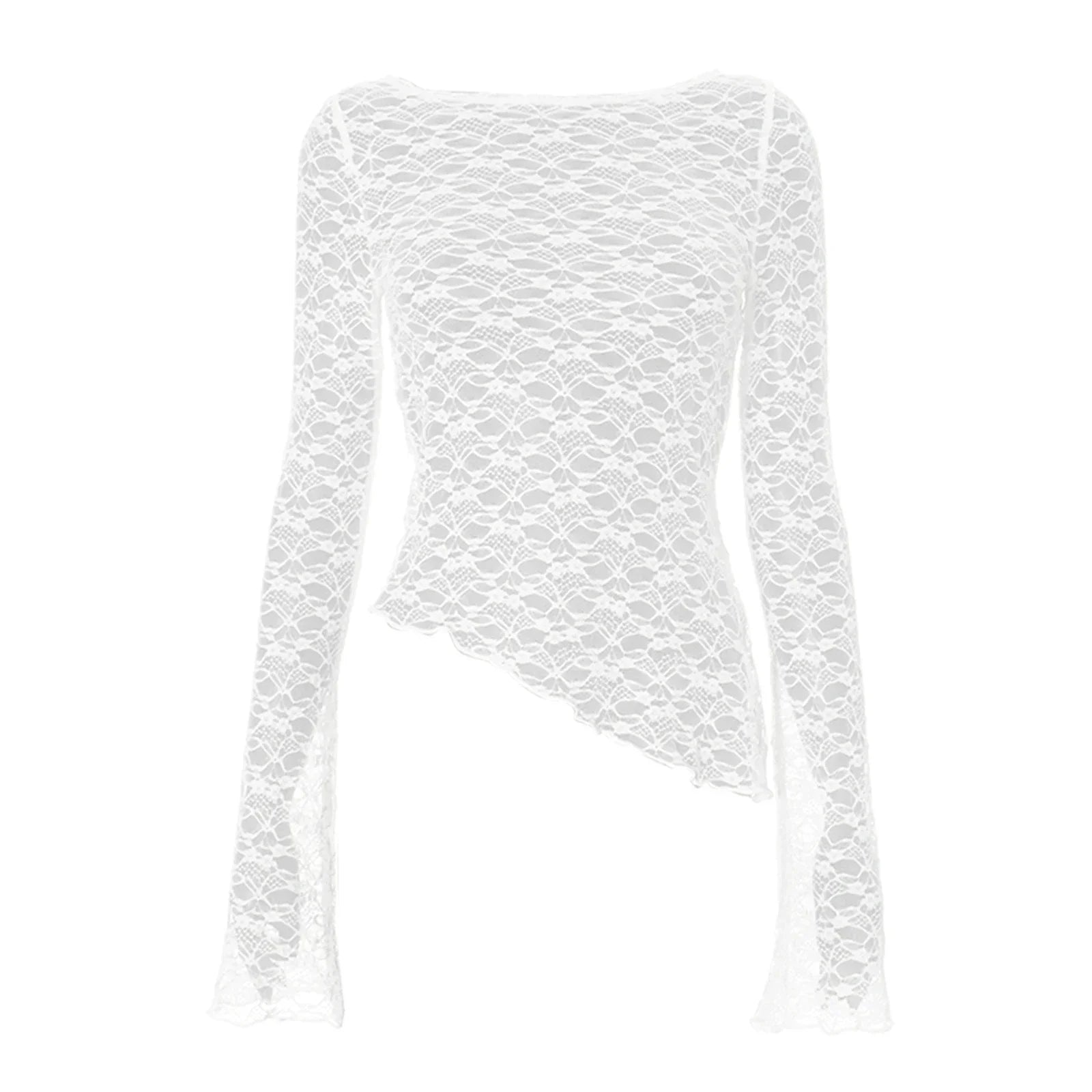 Sexy Lace Long Sleeve Perspective Y2K Top