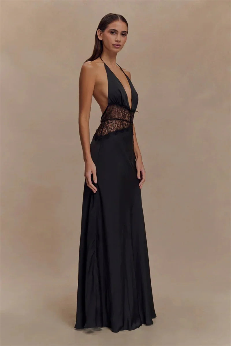 Lace Halter Backless Maxi Dress