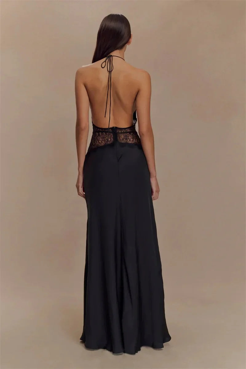 Lace Halter Backless Maxi Dress