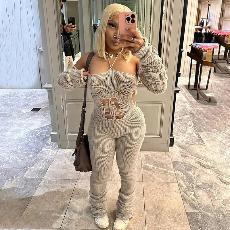 Jessica Casual Knit Halter Pile Up Jumpsuit
