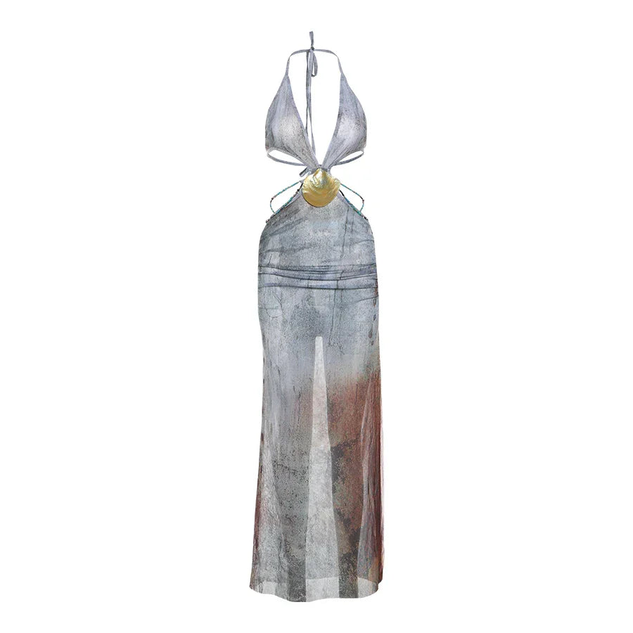 Pearl Shells Ocean Muse Sheer Maxi Dress