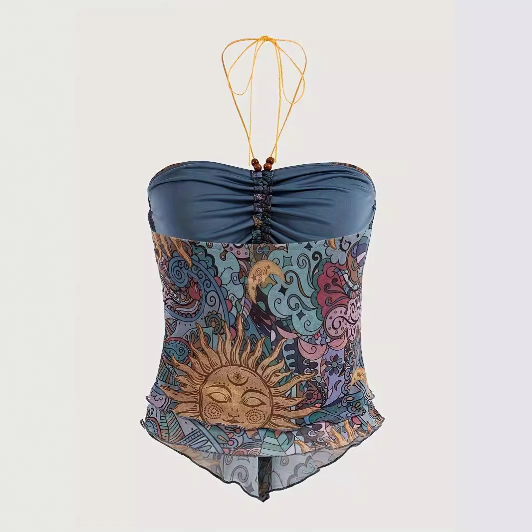 Y2g Mesh Printed Irregular Vest Top