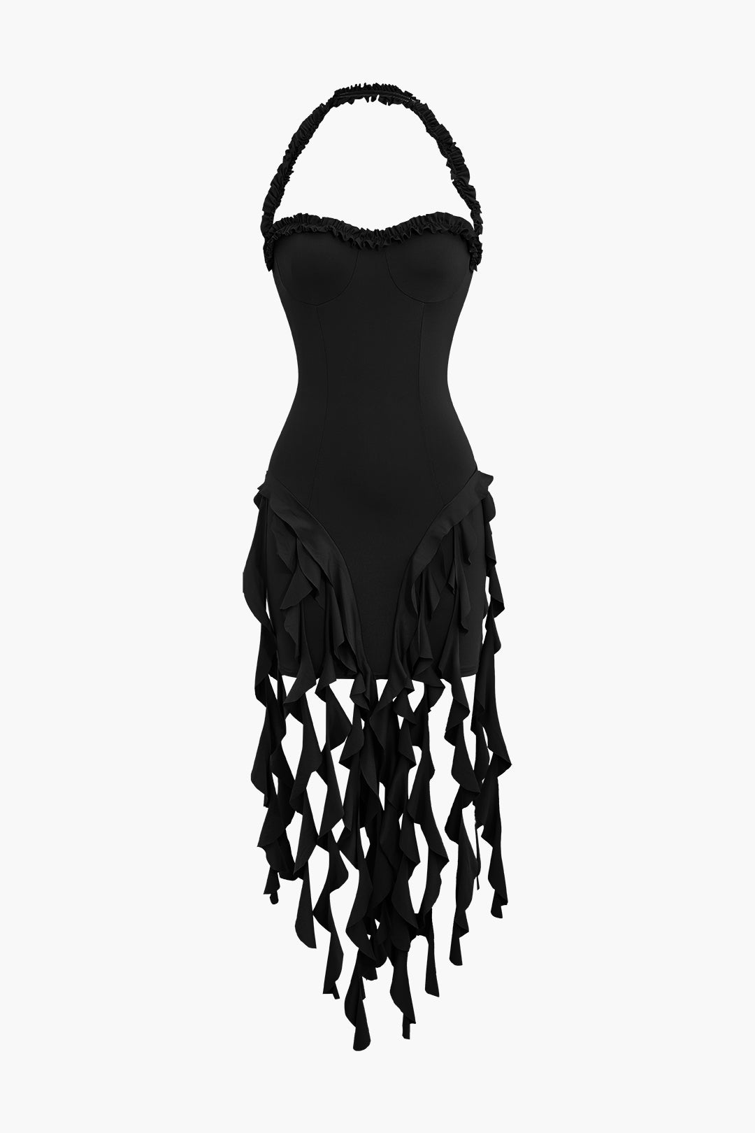Irregular Ruffle Tassel Halter Bustier Mini Dress