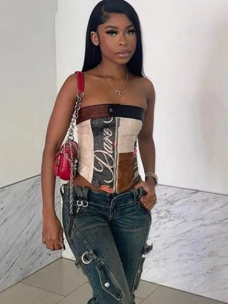 Vintage PU Leather Patchwork Tube Top